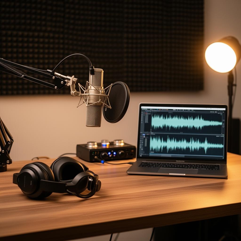 Home podcast studio with microphone, headphones, audio interface and laptop